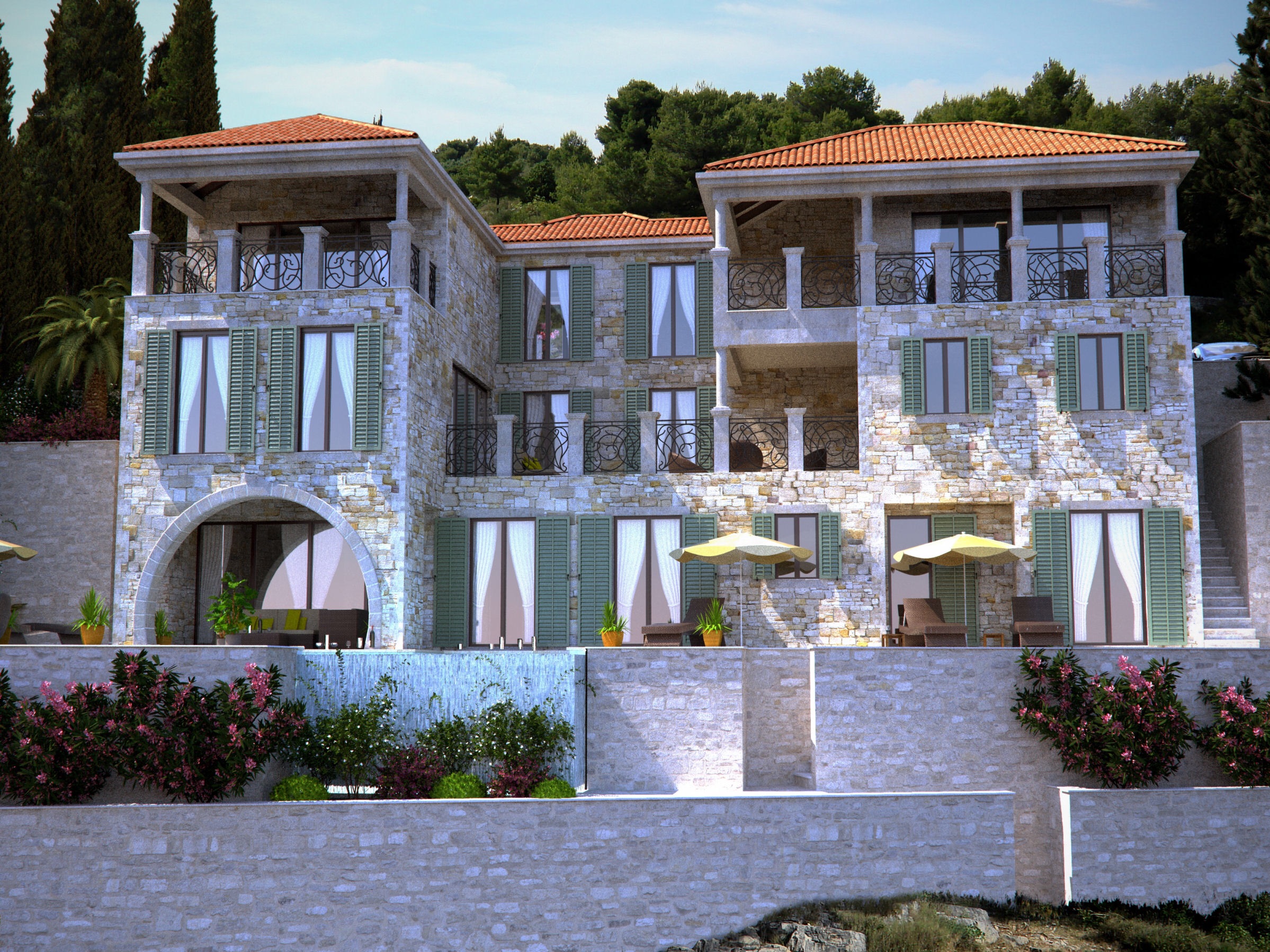 3D render of the three-floored stone villa on the waterfront.